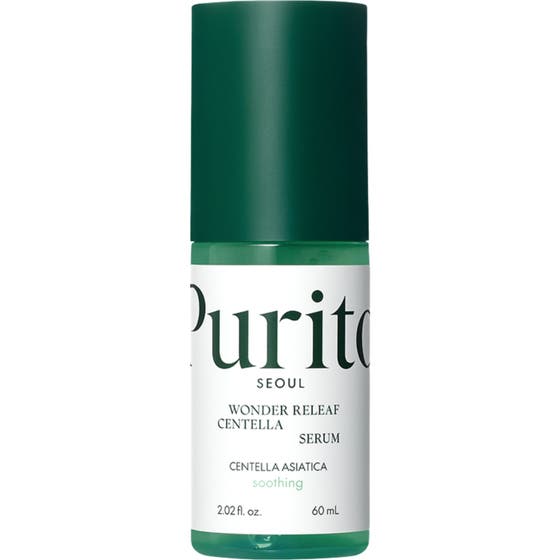 Purito Wonder Releaf Centella Serum 60 ml lugnande serum i grön pumpflaska med mörkgrönt lock och vit etikett