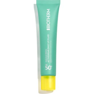 Biotherm Aquascreen Activewear Daily UV Fluid SPF 50 40 ml ger högt UV-skydd i en mintgrön tub med gult lock.