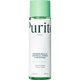 Purito Wonder Releaf Centella Toner 200 ml lugnande koreansk återfuktande toner i genomskinlig flaska med ljusgrönt lock.