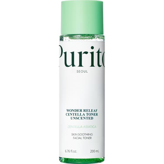 Purito Wonder Releaf Centella Toner 200 ml lugnande koreansk återfuktande toner i genomskinlig flaska med ljusgrönt lock.