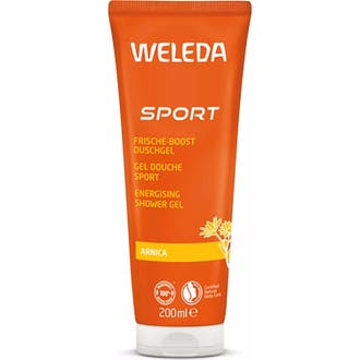Weleda Arnica Sports Shower Gel 200 ml energiserande duschgel i en orange tub med illustrationer av arnicablommor