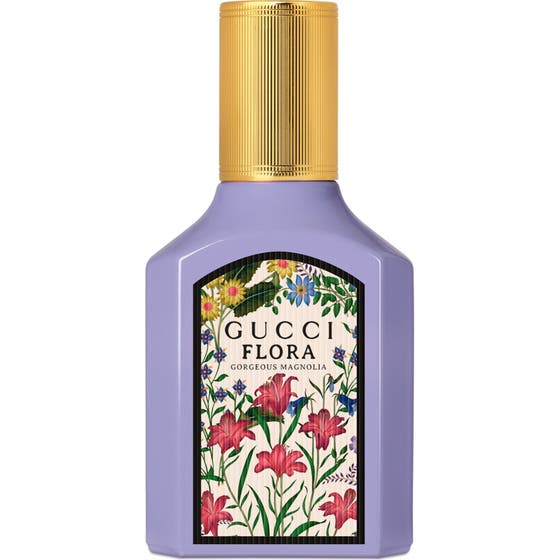 Gucci Flora Gorgeous Magnolia 30 ml blommig lyxparfym i lila glasflaska med guldfärgad kork och blommig etikett