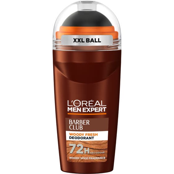 L'Oréal Men Expert BarberClub deodorant herr 48h i brun roll-on flaska med orange detaljer och cederträtema