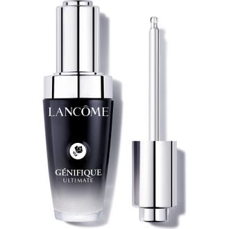 Lancôme Génifique Ultimate lyxigt återfuktande serum i tonad svart glasflaska med silverpipett som ger ungdomlig lyster