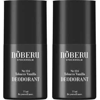 Nõberu Stockholm Tobacco Vanilla Duo Deodorant 2x75 ml ger fräschör i två mattsvarta förpackningar med vit text