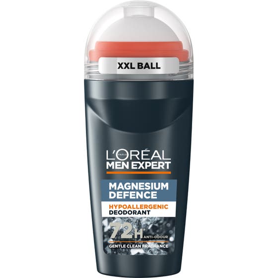 L’Oréal Men Expert Magnesium Defence 48h deodorant män är en hypoallergenic deo i svart roll-on med stor vit XXL-kula.