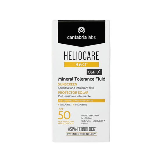 Heliocare Mineral Tolerance Fluid 50 ml bredspektrum solskydd känslig hud i en vit flaska med svart lock