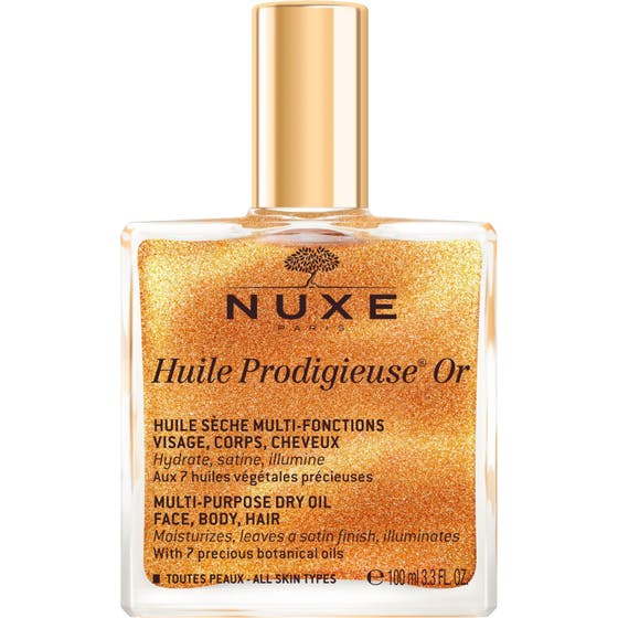 Nuxe Huile Prodigieuse Or 100 ml guldskimrande återfuktande hårolja i glasflaska med guldglitter och spraykork