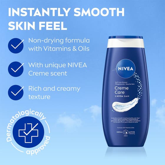 NIVEA Creme Care Shower 250 ml krämig återfuktande duschtvål i blå flaska med vitamins och oils.
