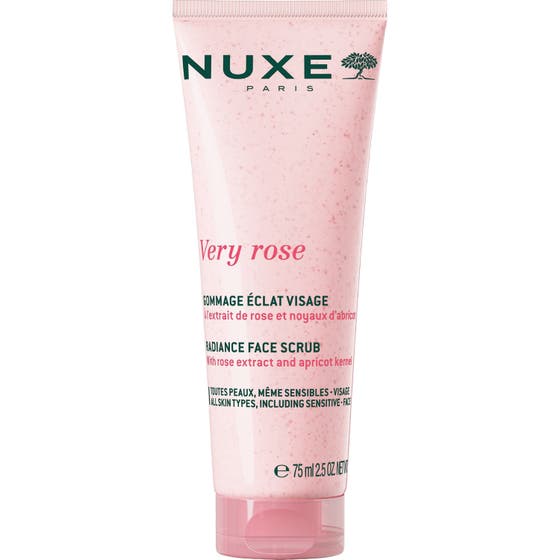 Nuxe Very Rose Radiance Face Scrub 75 ml ansiktsskrubb för lyster i en rosa tub med korn från aprikoskärnor