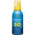 EVY Technology Sunscreen Mousse SPF 50 för barn ger vattenresistent skydd i en blå flaska med gult lock och kattmotiv.