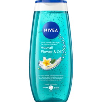 NIVEA Hawaii Flower & Oil 250 ml duschgel ger mjuk hud i turkos plastflaska med vit frangipaniblomma.