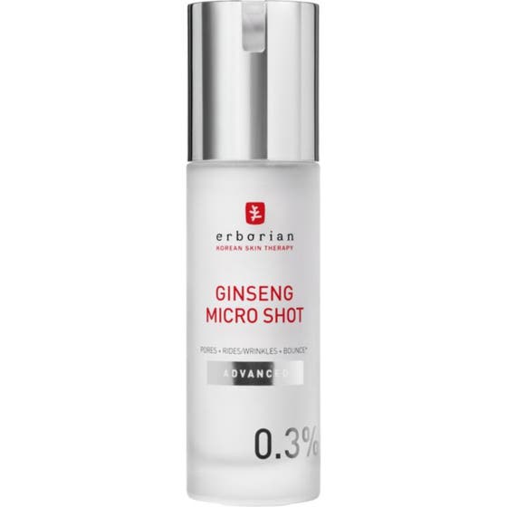 Erborian Ginseng Micro Shot 30 ml serum för slätare hud i frostad glasflaska med stilren silverpump.