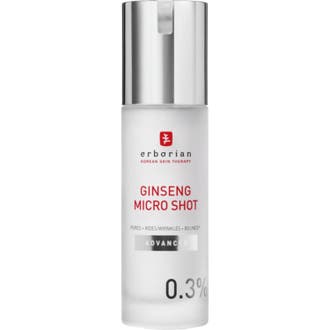 Erborian Ginseng Micro Shot 30 ml serum för slätare hud i frostad glasflaska med stilren silverpump.