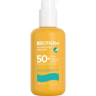 Biotherm Waterlover solkräm 200 ml vattenfast solskydd i gul plastflaska med vit pump som ger högt skydd.