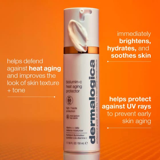 Dermalogica Biolumin-C Heat Aging Protector SPF50 50 ml lystergivande dagkräm i vit pumpflaska med guldiga detaljer