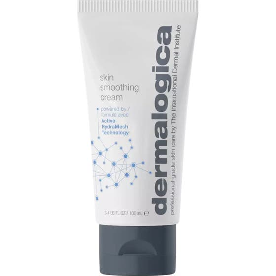 Dermalogica Skin Smoothing Cream 100 ml ansiktskräm för torr hud i vit tub med grått lock och blått mönster.