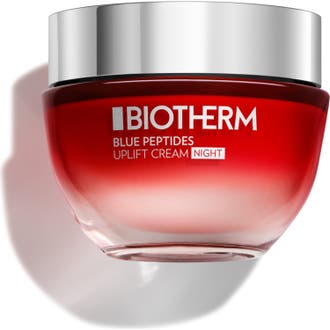 Biotherm Blue Peptides Uplift Night 50 ml anti-age nattkräm i en röd tonad glasburk med silverlock.