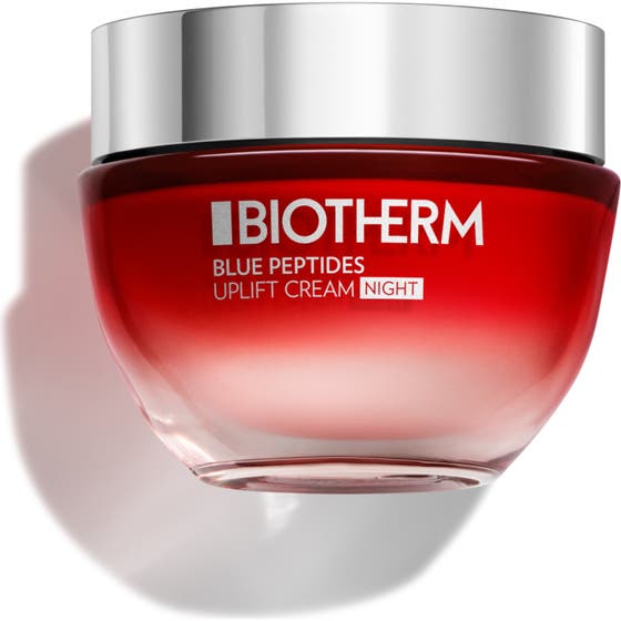 Biotherm Blue Peptides Uplift Night 50 ml anti-age nattkräm i en röd tonad glasburk med silverlock.