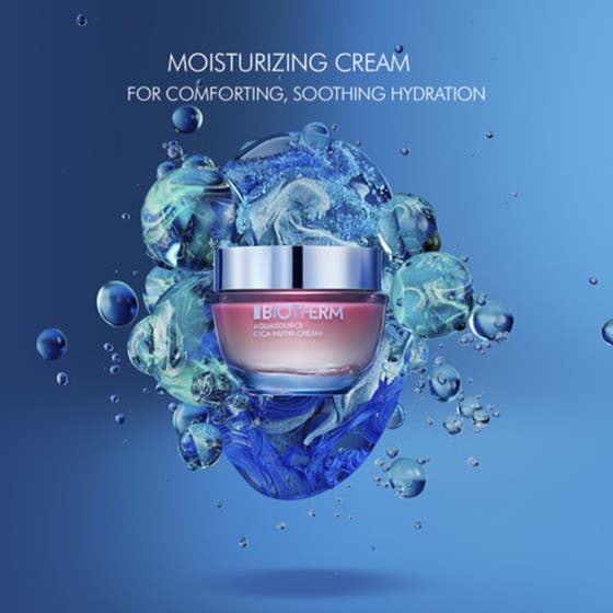Biotherm Aquasource Cica Nutri 50 ml fuktgivande ansiktskräm med cica i rosa glasburk bland vattenbubblor