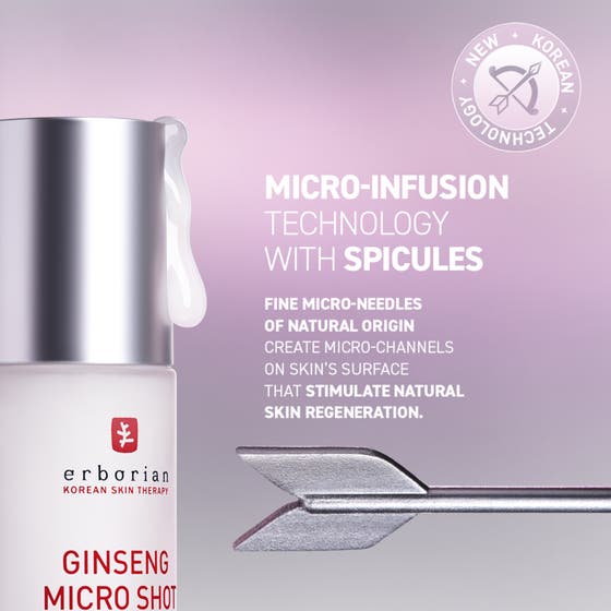 Erborian Ginseng Micro Shot 0.1 Starter 30 ml serum stimulerar huden med vit droppande textur och en silverpil
