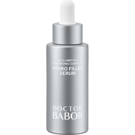 Doctor Babor Hydro Filler Serum 30 ml återfuktande babor hyaluronsyra hudvård i silverflaska med vit pipett.