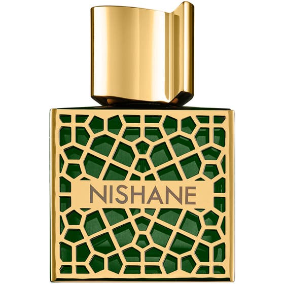 NISHANE Shem Extrait de Parfum 50 ml nishane parfym i grön glasflaska med guldglänsande geometriskt mönster