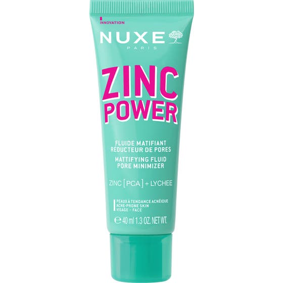 Nuxe Zinc Power 40 ml mattgörande ansiktskräm som minskar porer i en mintgrön tub med rosa detaljer