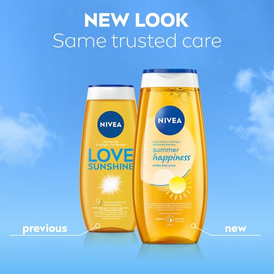 NIVEA Love Sunshine 250 ml duschtvål med fräsch doft i gul flaska med 99% biologiskt nedbrytbar formula.