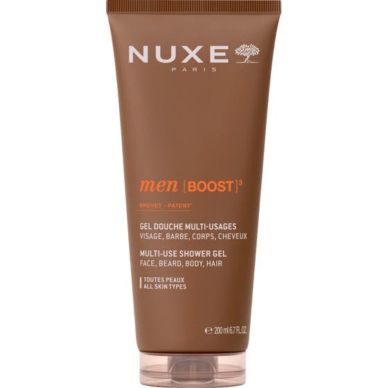 Nuxe Men Boost3 Multi-Use Shower Gel 200 ml rengörande duschgel i en matt brun plasttub med vit text
