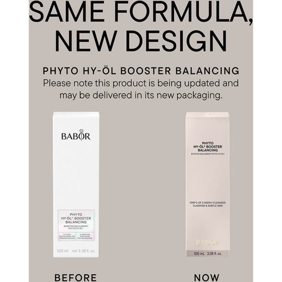 Babor Phyto HY-ÖL Booster Balancing 100 ml balanserande ansiktsrengöring i ny vit pumpflaska bredvid blå design