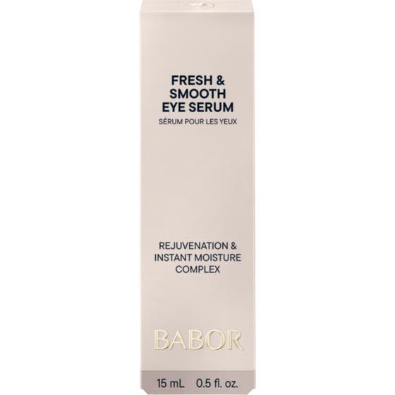 Babor Fresh & Smooth Eye Serum 15 ml återfuktande babor ögonserum för torr hud i vit ytterkartong med ljusblå detalj