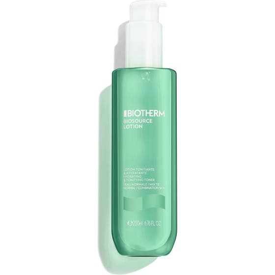 Biotherm Biosource Toner 200 ml rengörande ansiktsvatten i en grön genomskinlig flaska med vit pump.