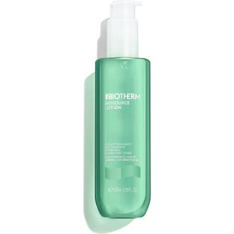 Biotherm Biosource Toner 200 ml rengörande ansiktsvatten i en grön genomskinlig flaska med vit pump.