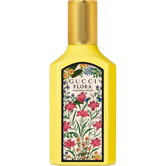 Gucci Flora Gorgeous Orchid 50 ml blommig parfym i gul glasflaska med blommigt mönster och guldkork