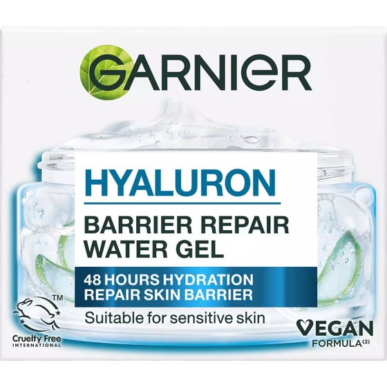 Garnier Hyaluron Barrier Repair Gelcreme 50 ml återfuktande daglig hyaluronsyra ansiktskräm i glasburk med vit kork.
