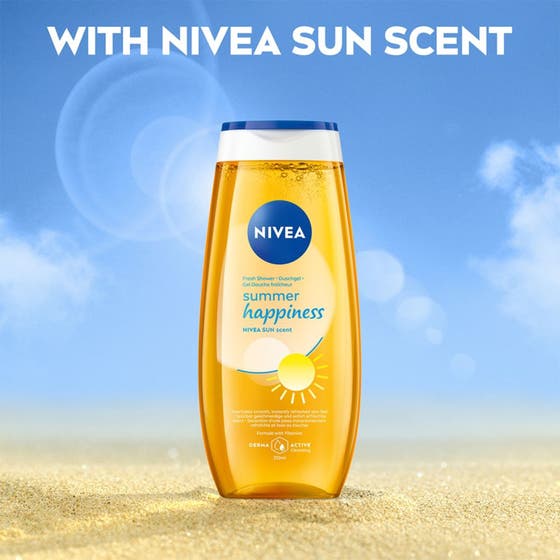 NIVEA Love Sunshine Shower Gel 250 ml duschtvål ger mjuk hud och fräsch doft med vitt lödder i en härlig duschmiljö.