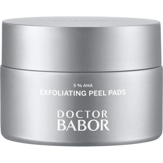 Doctor Babor 5% AHA Exfoliating Peel Pads 60 st ger lyster med aha peeling pads i en stilren silverfärgad burk.