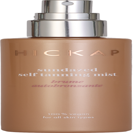 Hickap Sundazed Self Tanning Mist brun utan sol för solkysst lyster i en bronsfärgad sprayflaska med silverpump.