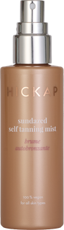 Hickap Sundazed Self Tanning Mist brun utan sol för solkysst lyster i en bronsfärgad sprayflaska med silverpump.