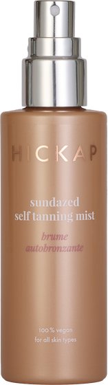 Hickap Sundazed Self Tanning Mist brun utan sol för solkysst lyster i en bronsfärgad sprayflaska med silverpump.