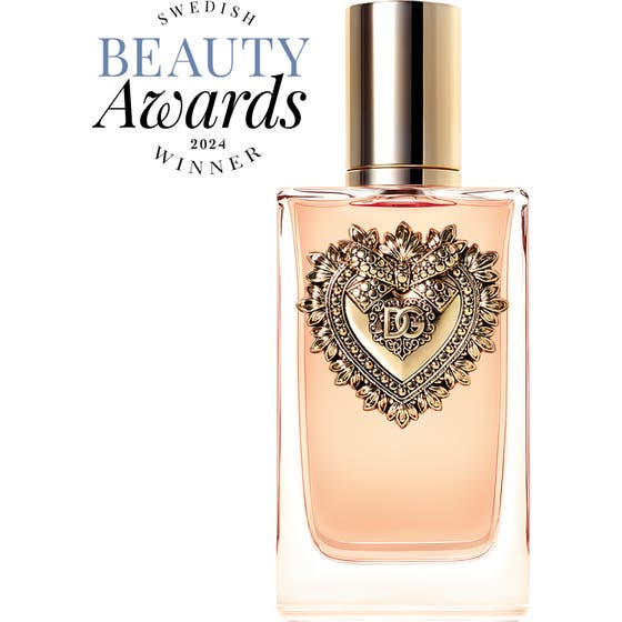 Dolce & Gabbana Devotion 100 ml elegant söt parfym i glasflaska med guldhjärta bredvid matchande krämvit ask