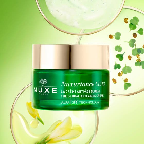 Nuxe Nuxuriance Ultra 50 ml antiaging kräm för djupa rynkor i grön glasburk med synlig vit krämig textur.