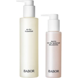 Babor HY-ÖL Cleanser och Phyto Booster Balancing balanserande rengöring i frostade flaskor med vita pumpar.