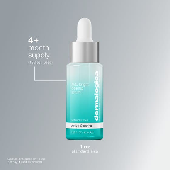 Dermalogica AGE Bright Clearing Serum 30 ml hudklaring appliceras på kinden med pipett för acnebehandling.