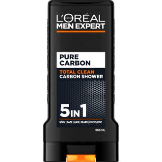 L'Oréal Men Expert Pure Carbon 300ml 5-i-1 duschgel för total rengöring i svart plastflaska med orange detalj.