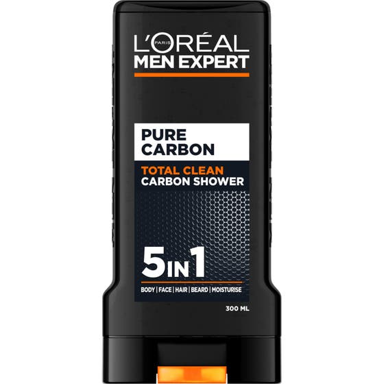 L'Oréal Men Expert Pure Carbon 300ml 5-i-1 duschgel för total rengöring i svart plastflaska med orange detalj.