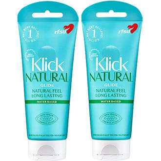 RFSU Klick Natural Glide vattenbaserat glidmedel tvåpack i turkosa tuber med vita lock som ger naturlig känsla.