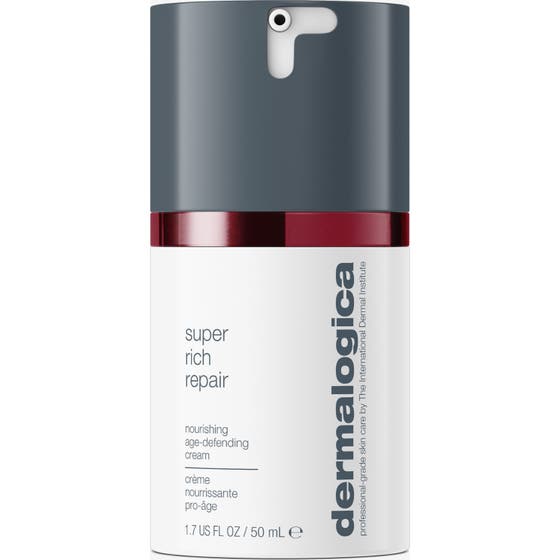 Dermalogica Super Rich Repair 50 ml anti-aging ansiktskräm i vit cylinderformad flaska med grått lock och vinröd detalj