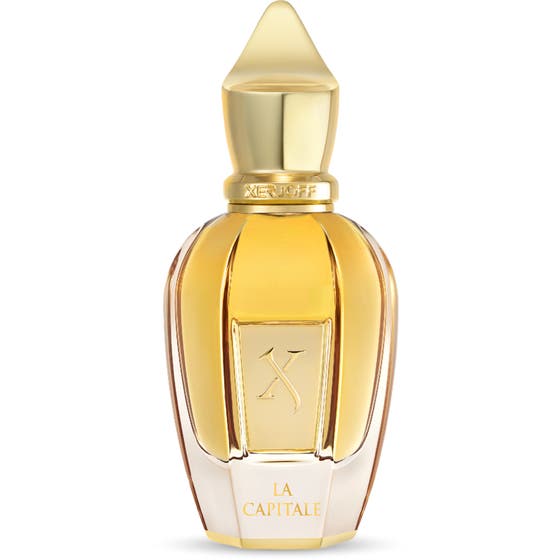Xerjoff La Capitale Parfum 50 ml lyx parfym i guldglänsande glasflaska med bärnstensfärgad vätska och guldlock